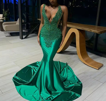 Customized Shiny Dark Green African Prom Dress For Black Girls Diamond Crystal Beaded Mermaid Formal Party Gown
