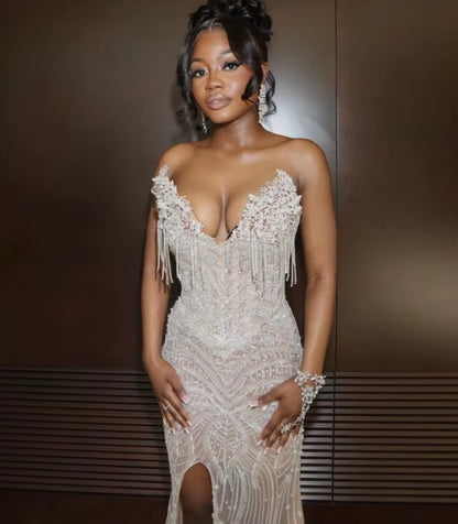 Customized Luxury White Cocktail Dresses African Girls Appliqued Rhinestone Beaded Prom Dresses High Slit Sheath Tassel Gowns