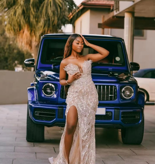 African Sexy Cocktail Dresses With Crystals Sweetheart Elegant Prom Dresses With Side Slit Vestidos De Cóctel Wedding Party Gown