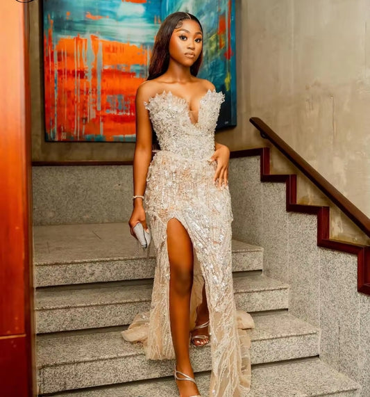 African Sexy Cocktail Dresses With Crystals Sweetheart Elegant Prom Dresses With Side Slit Vestidos De Cóctel Wedding Party Gown