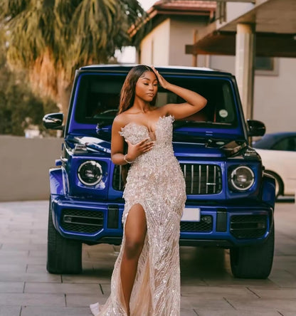 African Sexy Cocktail Dresses With Crystals Sweetheart Elegant Prom Dresses With Side Slit Vestidos De Cóctel Wedding Party Gown