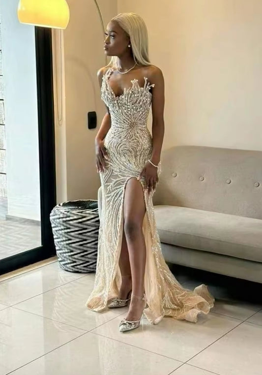 African Champagne Mermaid Celebrity Dresses Split Side Women's Evening Dresses Wedding Party Gowns Vestidos De Noche Customized