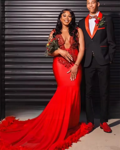 Sparkly Red Crystal Rhinestones Mermaid Prom Dress 2025 Black Girl With Feathers Diamond Birthday Party Evening Dress Customized