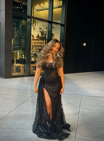 Black Strapless Lace Sequins Black Girl Long Evening Party Dress With Slit Charming Prom Dress