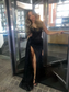 Black Strapless Lace Sequins Black Girl Long Evening Party Dress With Slit Charming Prom Dress