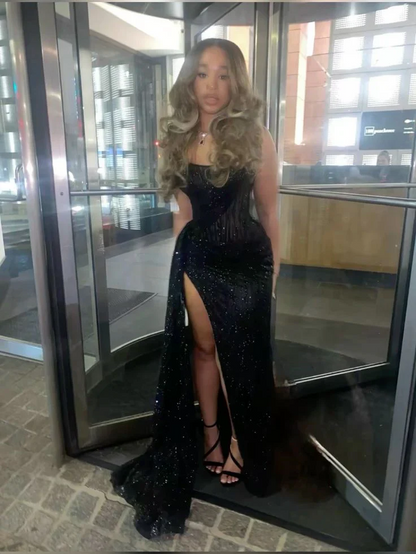Black Strapless Lace Sequins Black Girl Long Evening Party Dress With Slit Charming Prom Dress