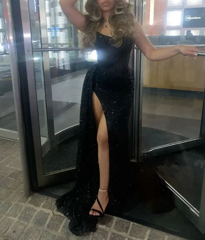 Black Strapless Lace Sequins Black Girl Long Evening Party Dress With Slit Charming Prom Dress