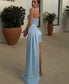 Elegant Pearls Satin Strapless Dress Women's Sexy Pleated Light Blue Backless Mini Vestidos 2025 Summer New Ladies Evening Gowns