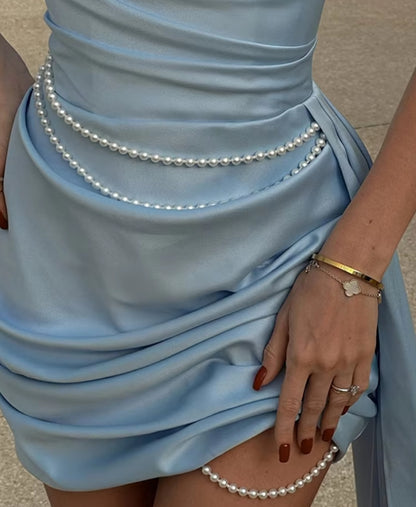 Elegant Pearls Satin Strapless Dress Women's Sexy Pleated Light Blue Backless Mini Vestidos 2025 Summer New Ladies Evening Gowns