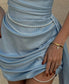 Elegant Pearls Satin Strapless Dress Women's Sexy Pleated Light Blue Backless Mini Vestidos 2025 Summer New Ladies Evening Gowns