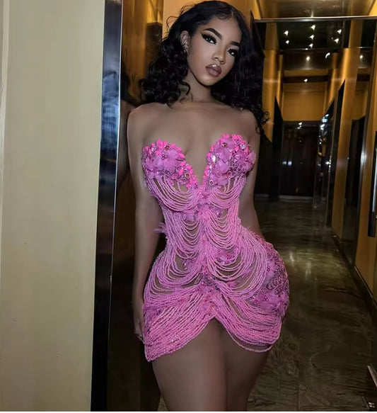 Pink Short Prom Dress for Girls 2025 Tassel Beading Birthday Dresses Mini Cocktail Party Outfits Customized