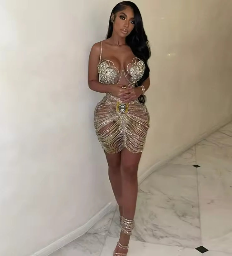 Sexy Diamond Birthday Party Dress Women's Cross-Border European American Style Summer Clothing Gold Water Diamond Summer Gown