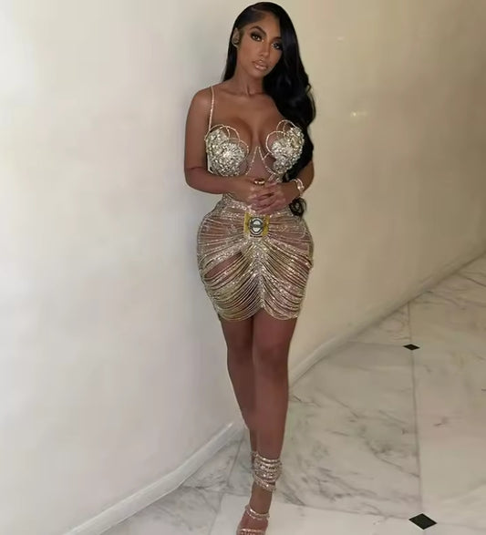 Sexy Diamond Birthday Party Dress Women's Cross-Border European American Style Summer Clothing Gold Water Diamond Summer Gown