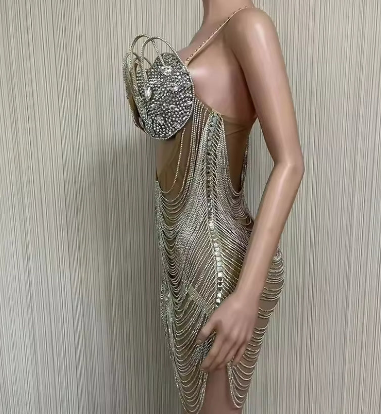 Sexy Diamond Birthday Party Dress Women's Cross-Border European American Style Summer Clothing Gold Water Diamond Summer Gown