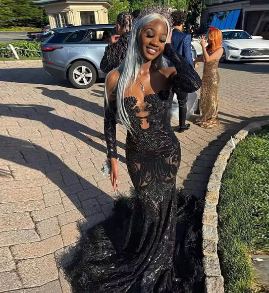 Sparkly Black Prom Dresses Sequined Mermaid Party Gowns Off Shoulder Long Sleeves Evening Dress Vestidos De Fiesta Customized