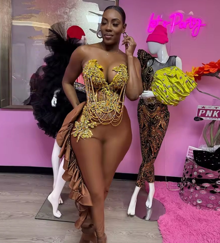 Sexy Crystal Gold Birthday Dresses For Women Rhinestone Tassel Mermaid Prom Gowns Sweetheart Cocktail Party Dress Customized