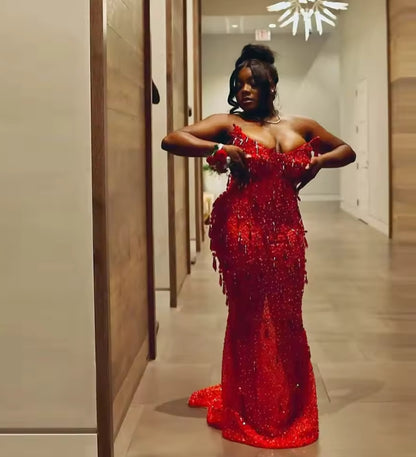 Red Plus Size Prom Dress With Beads Crystals Celebrity Formal Occasion Birthday Dress To Christmas Sleeveless robes de soirée