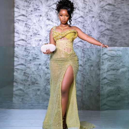 Pretty Yellow Beaded Sequins Prom Dresses Black Girls Formal Evening Gown One Shoulder Slit Celebrity Party Dress Custom Made