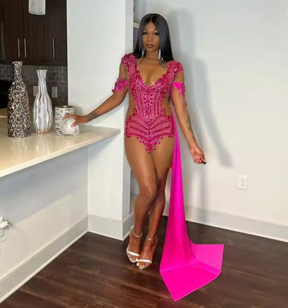 Pink Sheer Diamond Short Prom Dresses Black Girls Birthday Party Dresses Beaded African Cocktail Dresses Homecoming Customized
