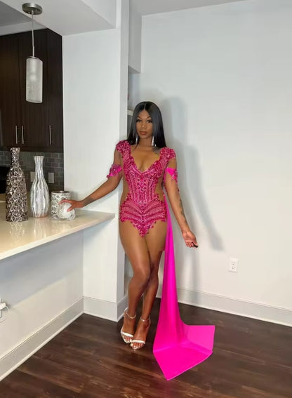 Pink Sheer Diamond Short Prom Dresses Black Girls Birthday Party Dresses Beaded African Cocktail Dresses Homecoming Customized