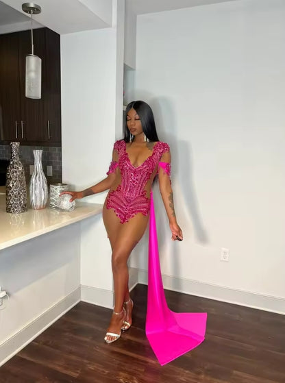 Pink Sheer Diamond Short Prom Dresses Black Girls Birthday Party Dresses Beaded African Cocktail Dresses Homecoming Customized