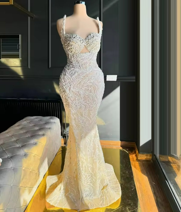 2025 Champagne Mermaid Evening Dress Sweetheart Sleeveless Formal Occasion Prom Dress Crystal Beaded Celebrity Dress Customized