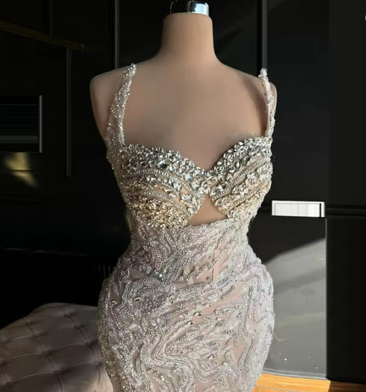 2025 Champagne Mermaid Evening Dress Sweetheart Sleeveless Formal Occasion Prom Dress Crystal Beaded Celebrity Dress Customized