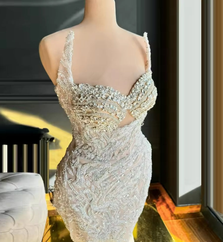 2025 Champagne Mermaid Evening Dress Sweetheart Sleeveless Formal Occasion Prom Dress Crystal Beaded Celebrity Dress Customized