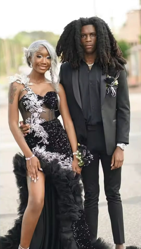 Black Prom Dresses Luxury Sequin Floral Mermaid Evening Party Dress Black Girls Celebrity Evening Gowns Customized