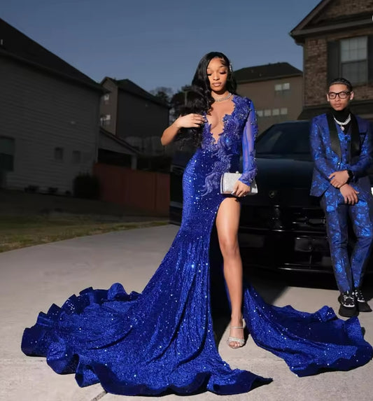 Shinny Royal Blue Prom Dresses Mermaid 2025 Sheer Long Sleeves Slit Evening Dress Crystal Wedding Party Dress Customized