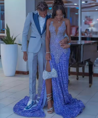 Customized Luxury Lavender Mermaid Prom Dress For Black Girls High Slit Diamond Crystal Beaded Evening Party Gown