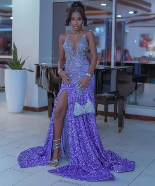 Customized Luxury Lavender Mermaid Prom Dress For Black Girls High Slit Diamond Crystal Beaded Evening Party Gown