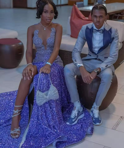 Customized Luxury Lavender Mermaid Prom Dress For Black Girls High Slit Diamond Crystal Beaded Evening Party Gown