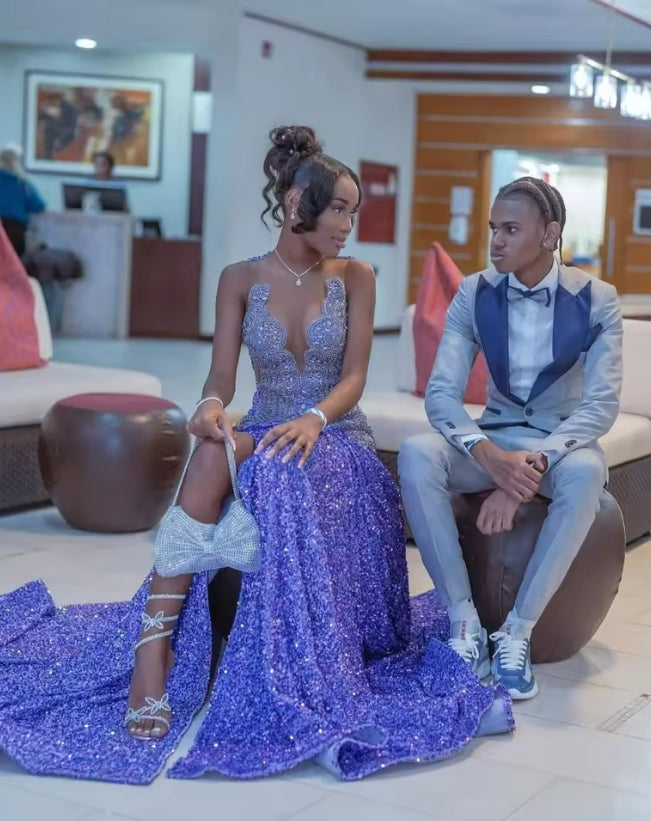 Customized Luxury Lavender Mermaid Prom Dress For Black Girls High Slit Diamond Crystal Beaded Evening Party Gown