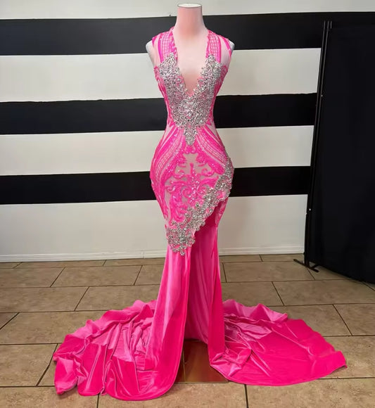 Pink Prom Dresses Velvet 2025 For Women Beading V Neck Party Gowns Slit Mermaid Evening Dress Long Customized