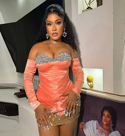 2025 Beads Crystals Off The Shoulder Long Sleeves Birthday Dress African Women Prom Gowns Aso Ebi Mini Cocktail Dresses