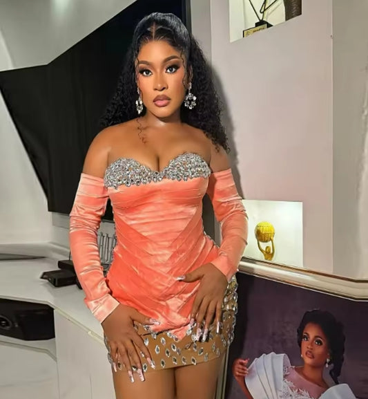 2025 Beads Crystals Off The Shoulder Long Sleeves Birthday Dress African Women Prom Gowns Aso Ebi Mini Cocktail Dresses