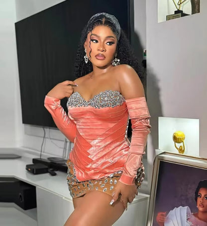 2025 Beads Crystals Off The Shoulder Long Sleeves Birthday Dress African Women Prom Gowns Aso Ebi Mini Cocktail Dresses