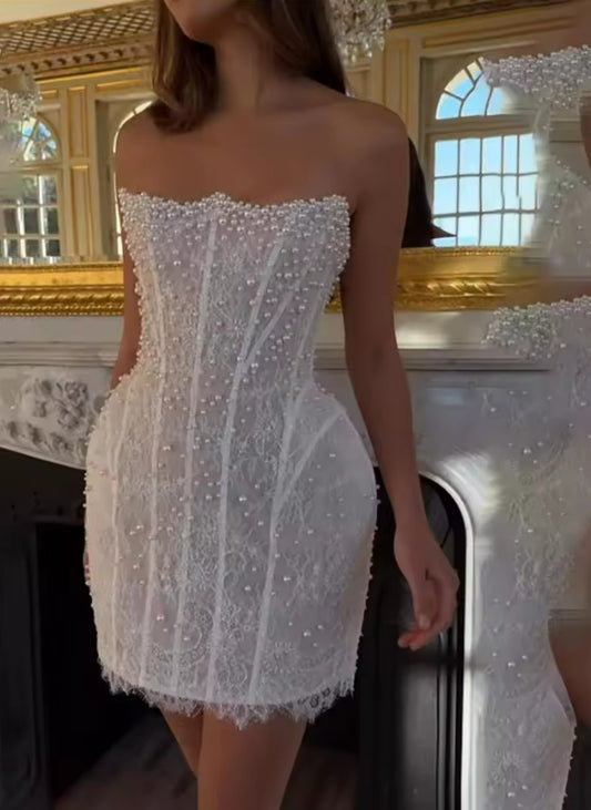 Vintage Lace Short Mermaid Wedding Dress Pearls Appliques Strapless Corset Mini Bridal Gown Princess Bride Gown Customized