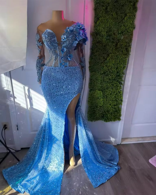 Blue Prom Dress 2025 Long Sleeves Appliques Bead Gems Crystals Evening Dress For Wedding Birthday Party Dress Customized