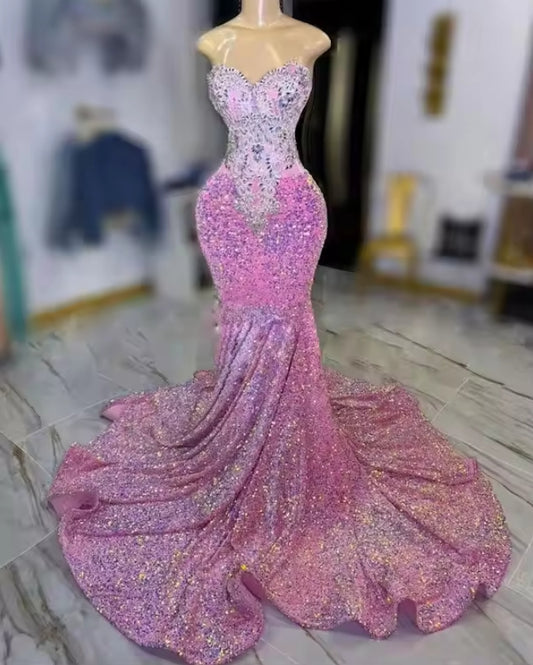 Pink Prom Dresses Black Girls Luxury Sweetheart Bead Rhinestons Velvet Sequin Graduation Dresses Evening Party Gala Gowns