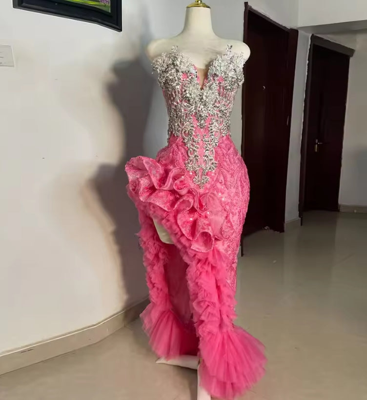 Shinny Pink Crystal Prom Dresses For Black Girl 2025 Ruffles Skirt Graduation Party Gown Long Women Birthday Outfit Customized