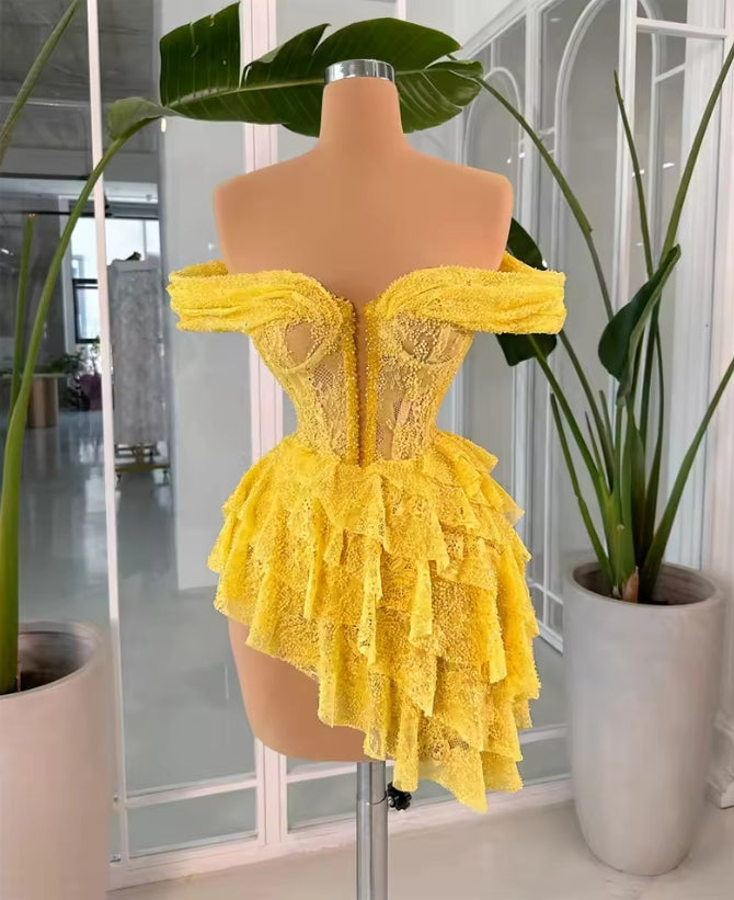 Cute Yellow Short Prom Dress Lace Beads Birthday Party Gown Mini Cocktail Senior Homecoming Dresses 2025 Customized