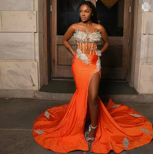 Luxury Orange Mermaid Prom Dresse 2025 Black Girls Beading Diamonds Birthday Party Gown Slit Evening Gowns Customized
