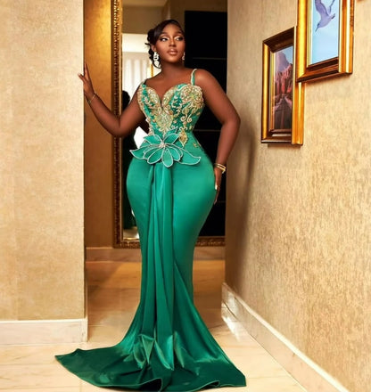 Customized Plus Size African Green Prom Dress Handmade Crystals Beaded Aso Ebi Wedding Reception Dress Black Party Gown