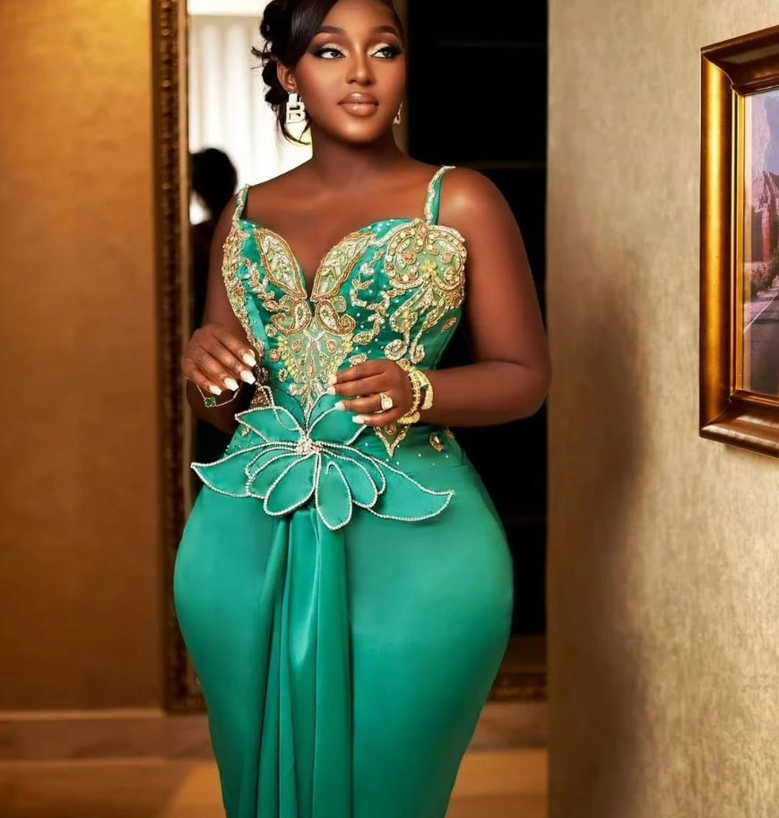 Customized Plus Size African Green Prom Dress Handmade Crystals Beaded Aso Ebi Wedding Reception Dress Black Party Gown