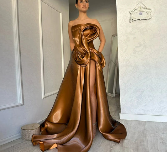 Elegant Brown Evening Dresses A-Line Draped High Split Ruffles Strapless Long Party Dress Modern Prom Gowns Customized