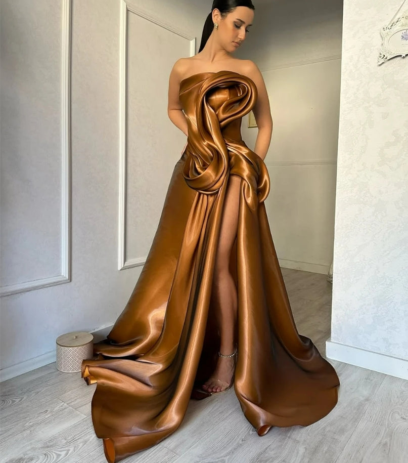 Elegant Brown Evening Dresses A-Line Draped High Split Ruffles Strapless Long Party Dress Modern Prom Gowns Customized
