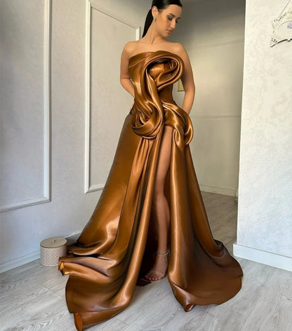 Elegant Brown Evening Dresses A-Line Draped High Split Ruffles Strapless Long Party Dress Modern Prom Gowns Customized