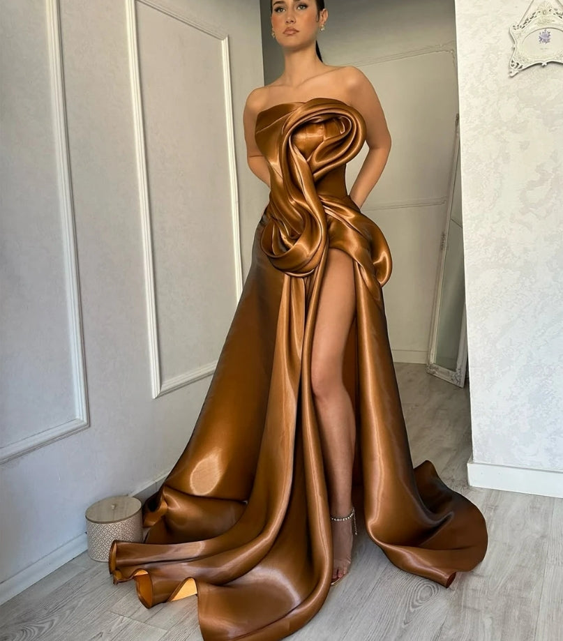 Elegant Brown Evening Dresses A-Line Draped High Split Ruffles Strapless Long Party Dress Modern Prom Gowns Customized